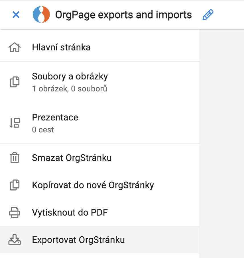 Exportovat OrgStránku v postranním menu