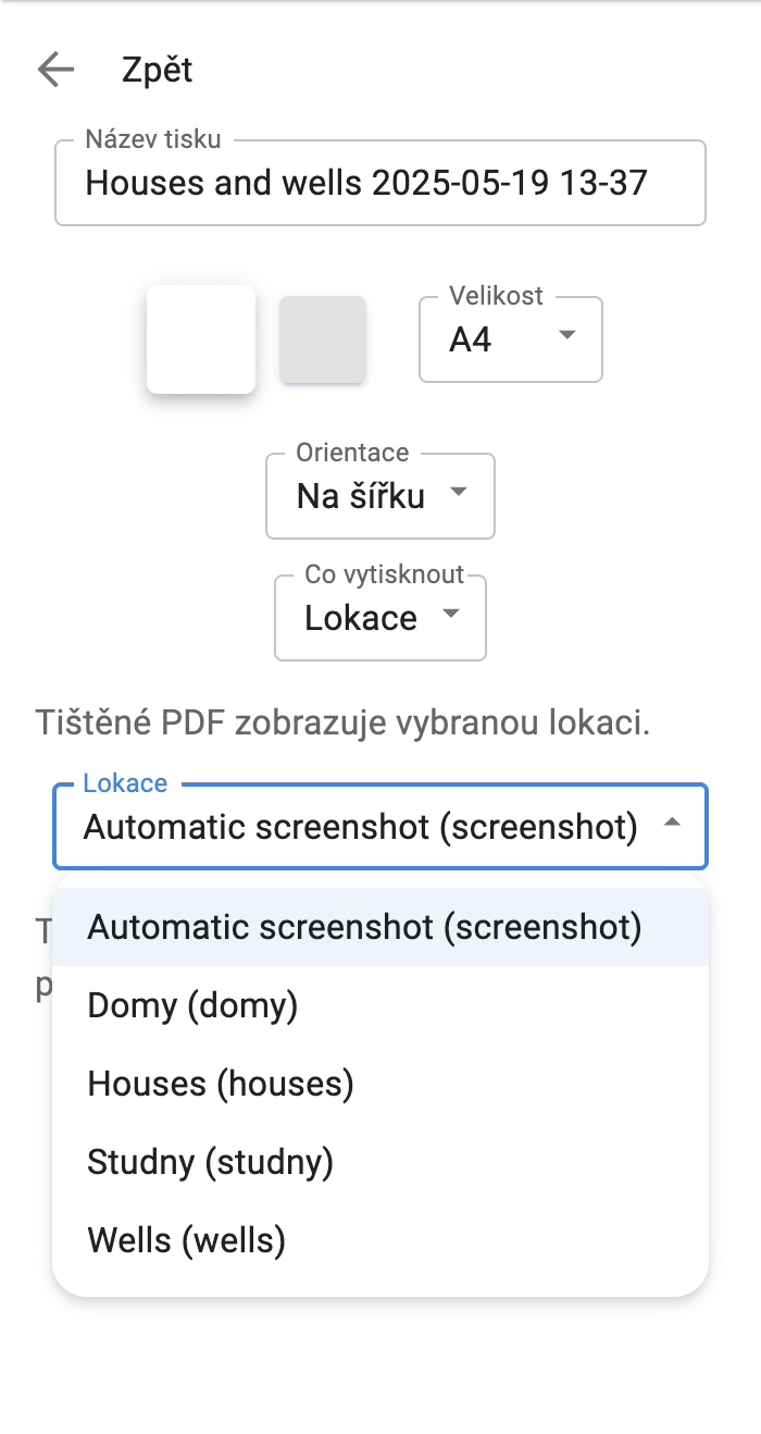 Vytisknutí zvolené lokace do PDF
