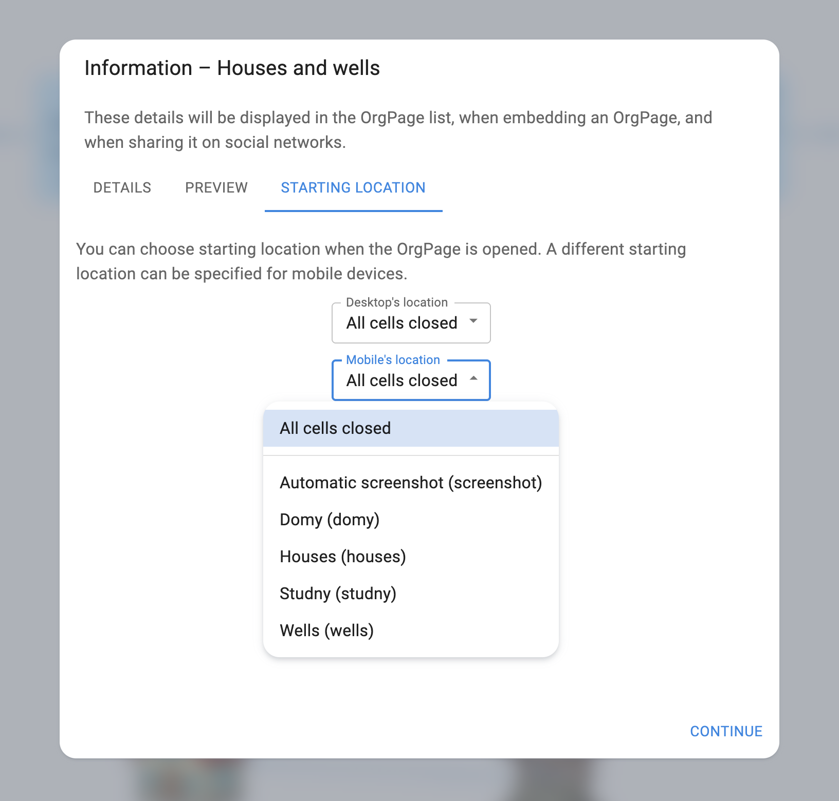 The Starting location tab